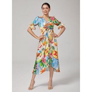 NWT Ador Midi Dress Womens 2XL Colorful Fruit Floral Ruched Neck Tropical Print